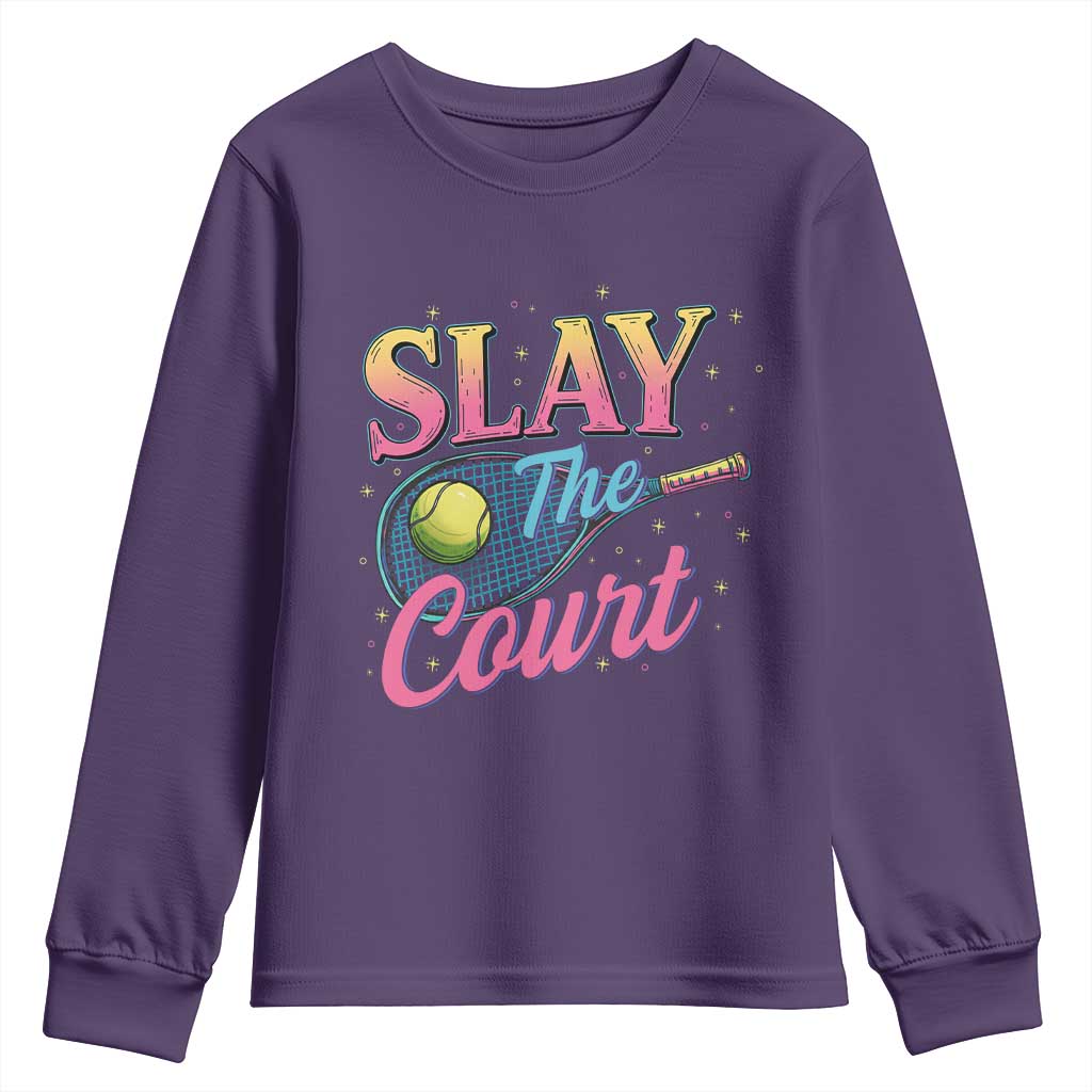 Slay The Court Queen Youth Sweatshirt Witty Tennis Player Gift For Girls TS12 Purple Print Your Wear