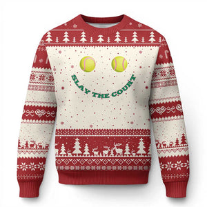 Slay The Court Tennis Girl Ugly Christmas Sweater Funny Tennis Player Gift TS12 Beige Red Print Your Wear