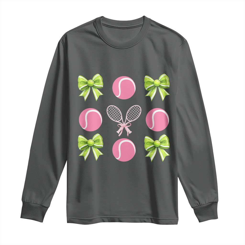 Pink Bow Coquette Tennis Lover Long Sleeve Shirt Funny Tennis Girl Gift TS12 Dark Heather Print Your Wear
