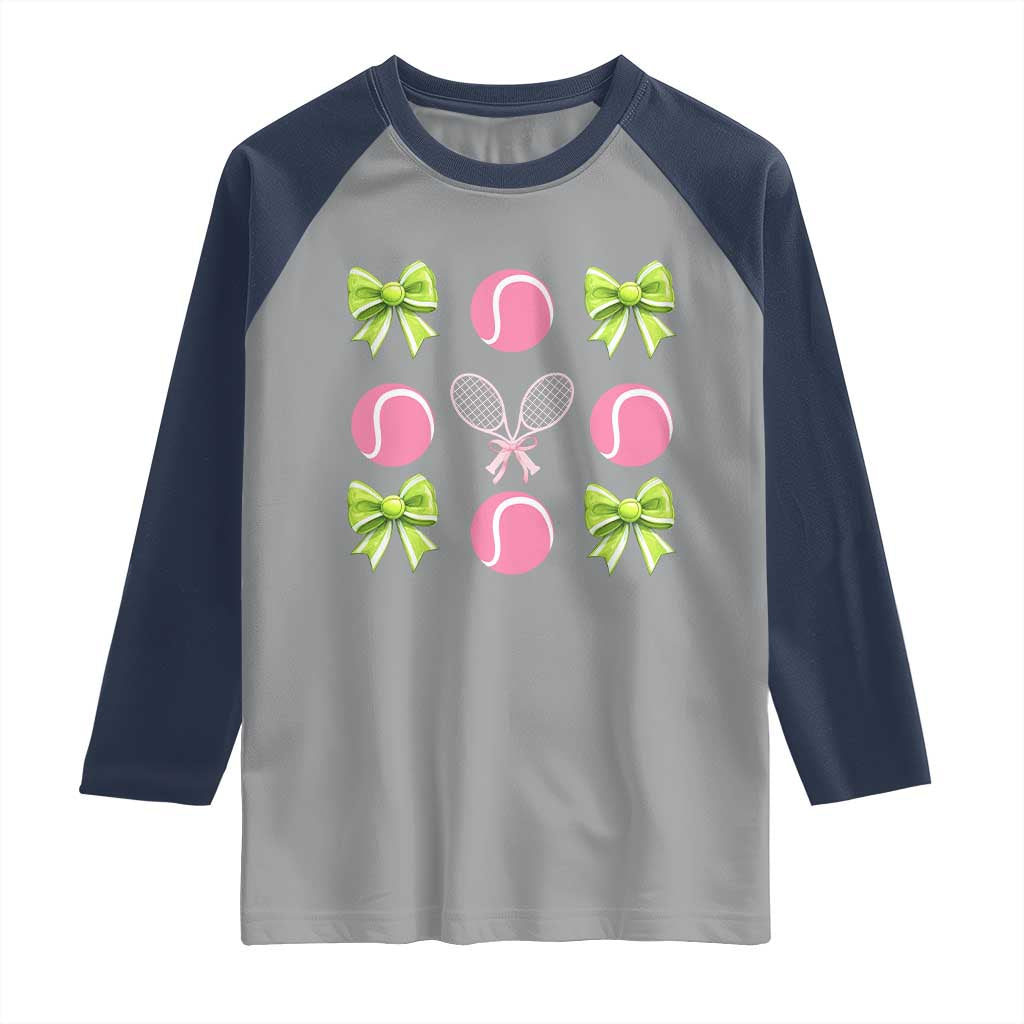 Pink Bow Coquette Tennis Lover Raglan Shirt Funny Tennis Girl Gift TS12 Sport Gray Navy Print Your Wear