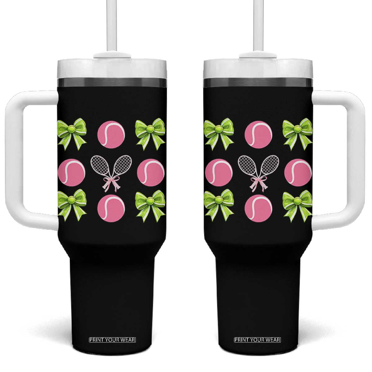 Pink Bow Coquette Tennis Lover Tumbler With Handle Funny Tennis Girl Gift TS12 One Size: 40 oz Black Print Your Wear