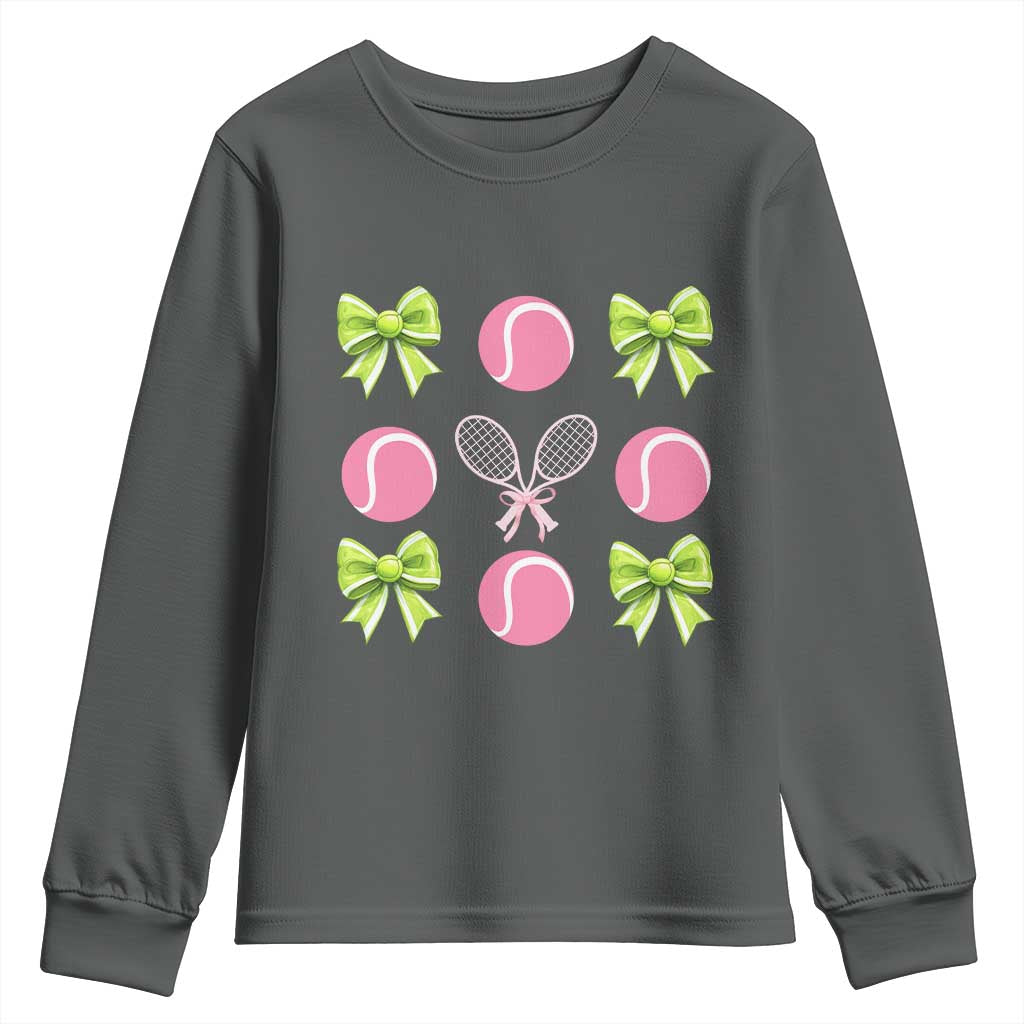 Pink Bow Coquette Tennis Lover Youth Sweatshirt Funny Tennis Girl Gift TS12 Dark Heather Print Your Wear