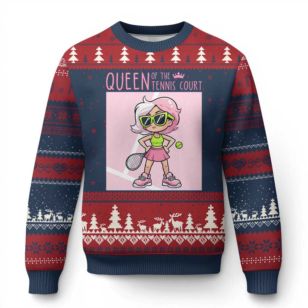 Queen Of The Court Ugly Christmas Sweater Funny Tennis Player Gift For Women TS12 Navy Red Print Your Wear