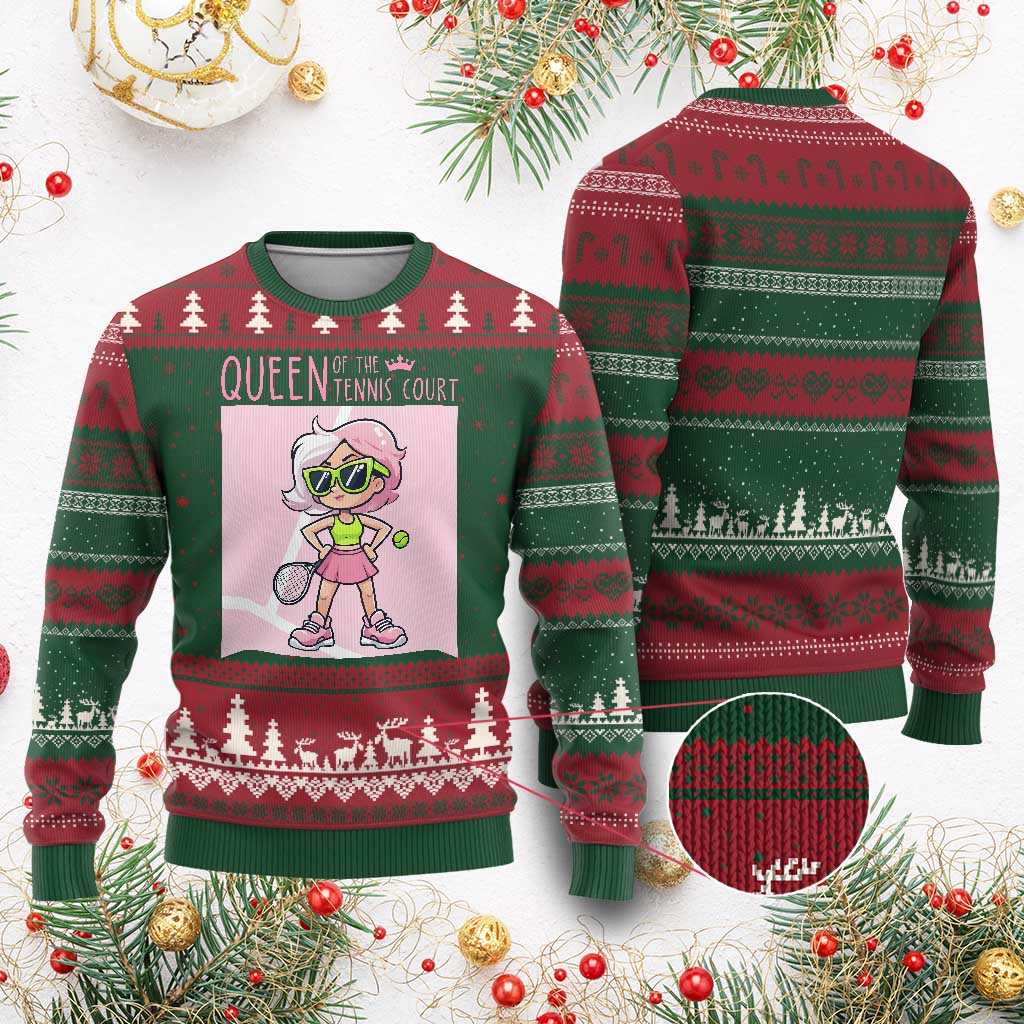 Queen Of The Court Ugly Christmas Sweater Funny Tennis Player Gift For Women TS12 Red Green Print Your Wear