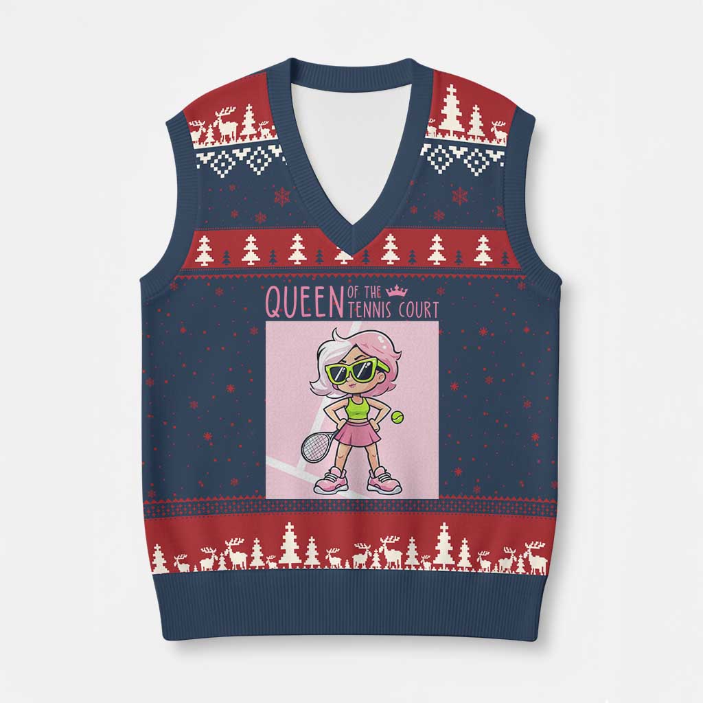 Queen Of The Court V-Neck Knit Sweater Vest Funny Tennis Player Gift For Women TS12 Navy Red Print Your Wear