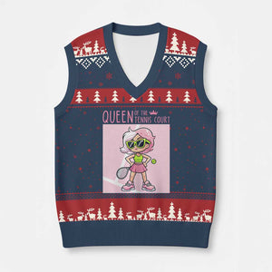 Queen Of The Court V-Neck Knit Sweater Vest Funny Tennis Player Gift For Women TS12 Navy Red Print Your Wear