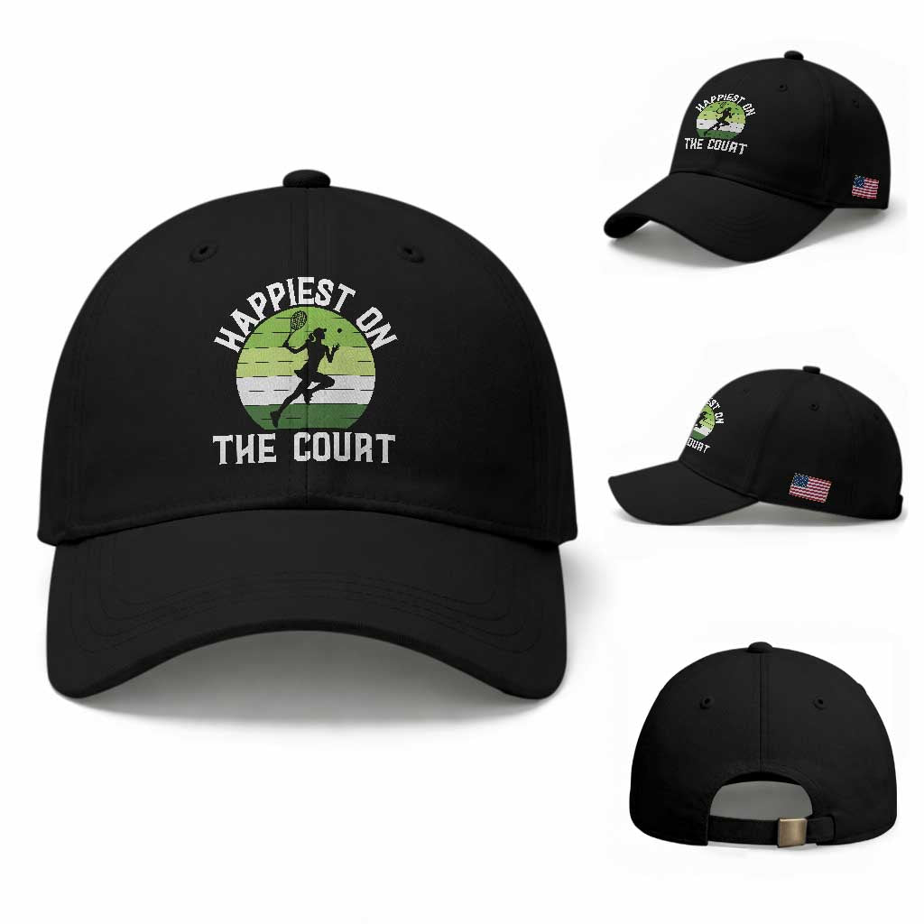 Happiest On The Court Baseball Cap Vintage Retro Tennis Girl Gift TS12 Baseball Cap Universal Fit Black Print Your Wear