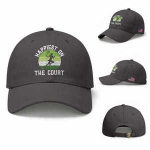 Happiest On The Court Baseball Cap Vintage Retro Tennis Girl Gift TS12 Baseball Cap Universal Fit Dark Gray Print Your Wear