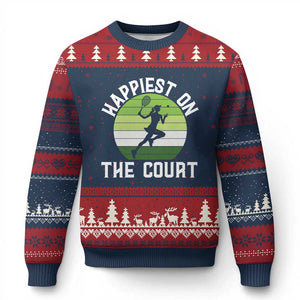 Happiest On The Court Ugly Christmas Sweater Vintage Retro Tennis Girl Gift TS12 Navy Red Print Your Wear
