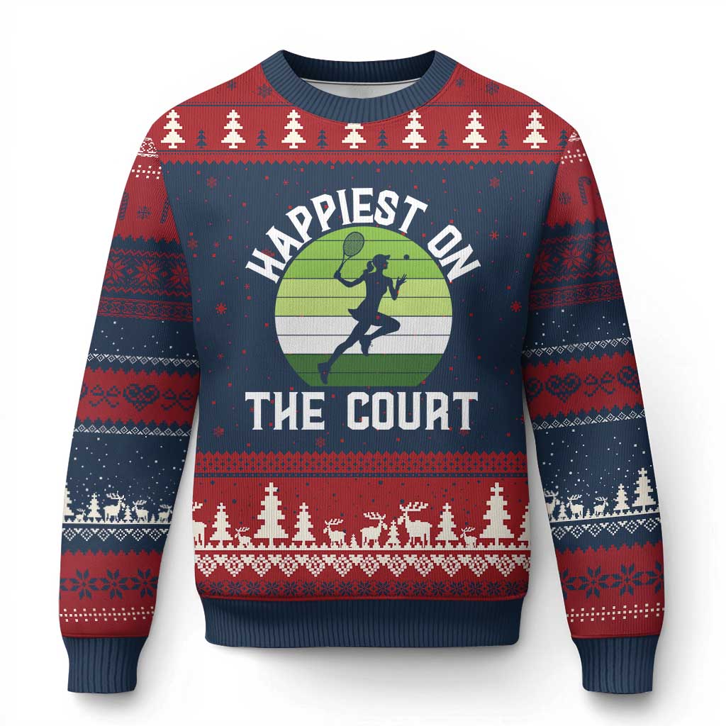 Happiest On The Court Ugly Christmas Sweater Vintage Retro Tennis Girl Gift TS12 Navy Red Print Your Wear