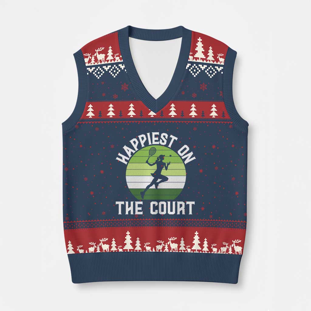 Happiest On The Court V-Neck Knit Sweater Vest Vintage Retro Tennis Girl Gift TS12 Navy Red Print Your Wear