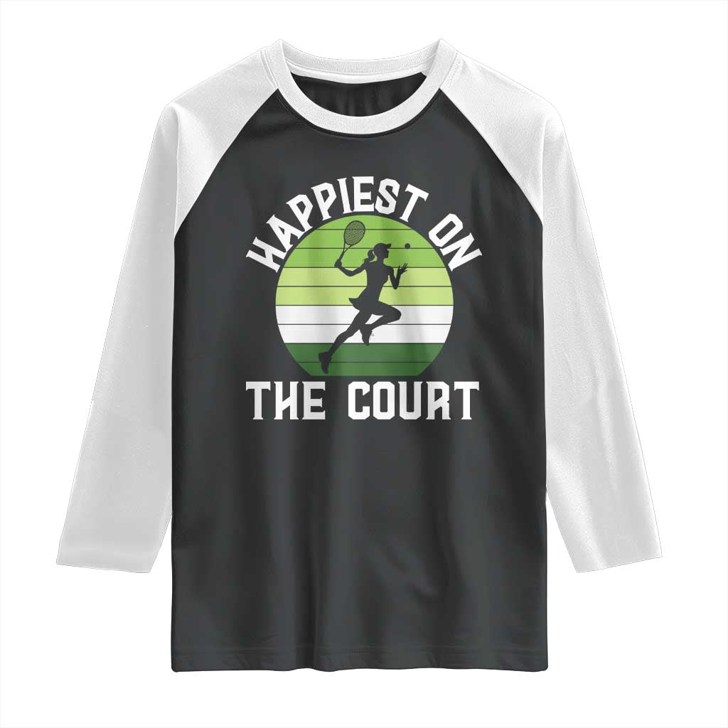 Happiest On The Court Raglan Shirt Vintage Retro Tennis Girl Gift TS12 Black White Print Your Wear