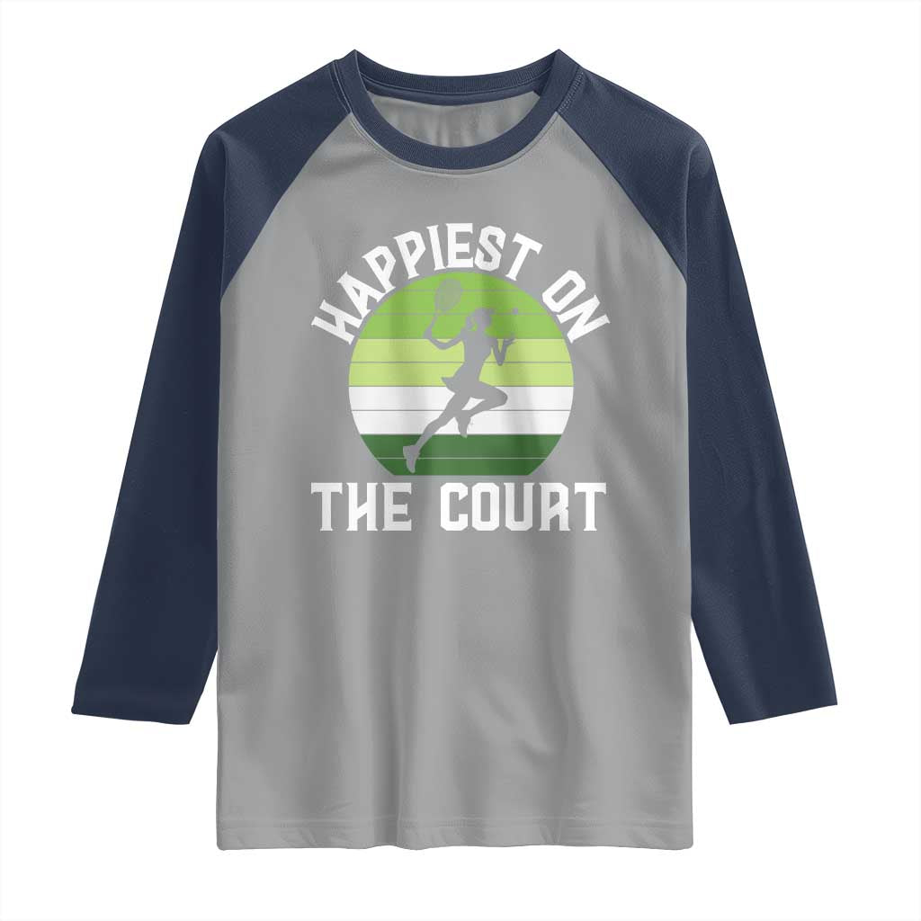 Happiest On The Court Raglan Shirt Vintage Retro Tennis Girl Gift TS12 Sport Gray Navy Print Your Wear