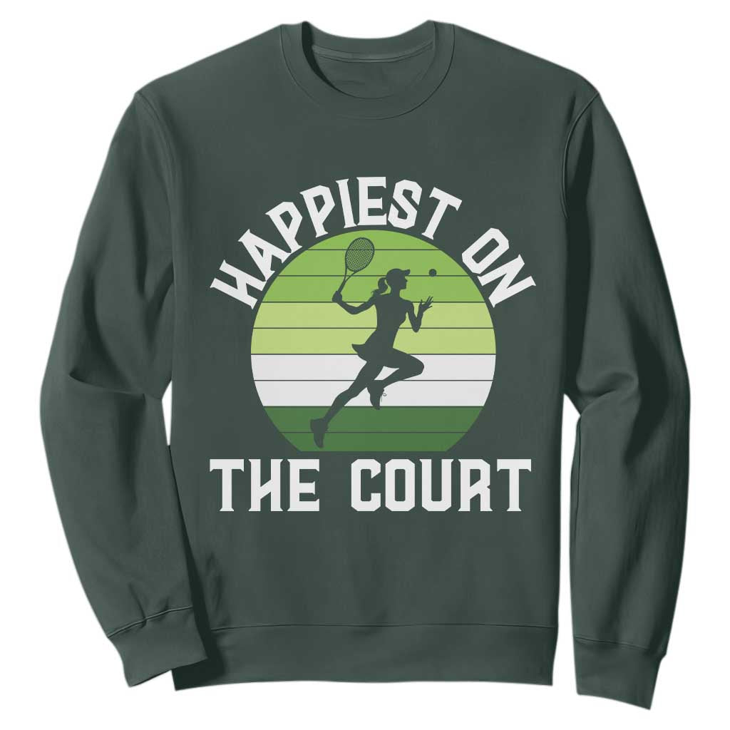 Happiest On The Court Sweatshirt Vintage Retro Tennis Girl Gift TS12 Dark Forest Green Print Your Wear