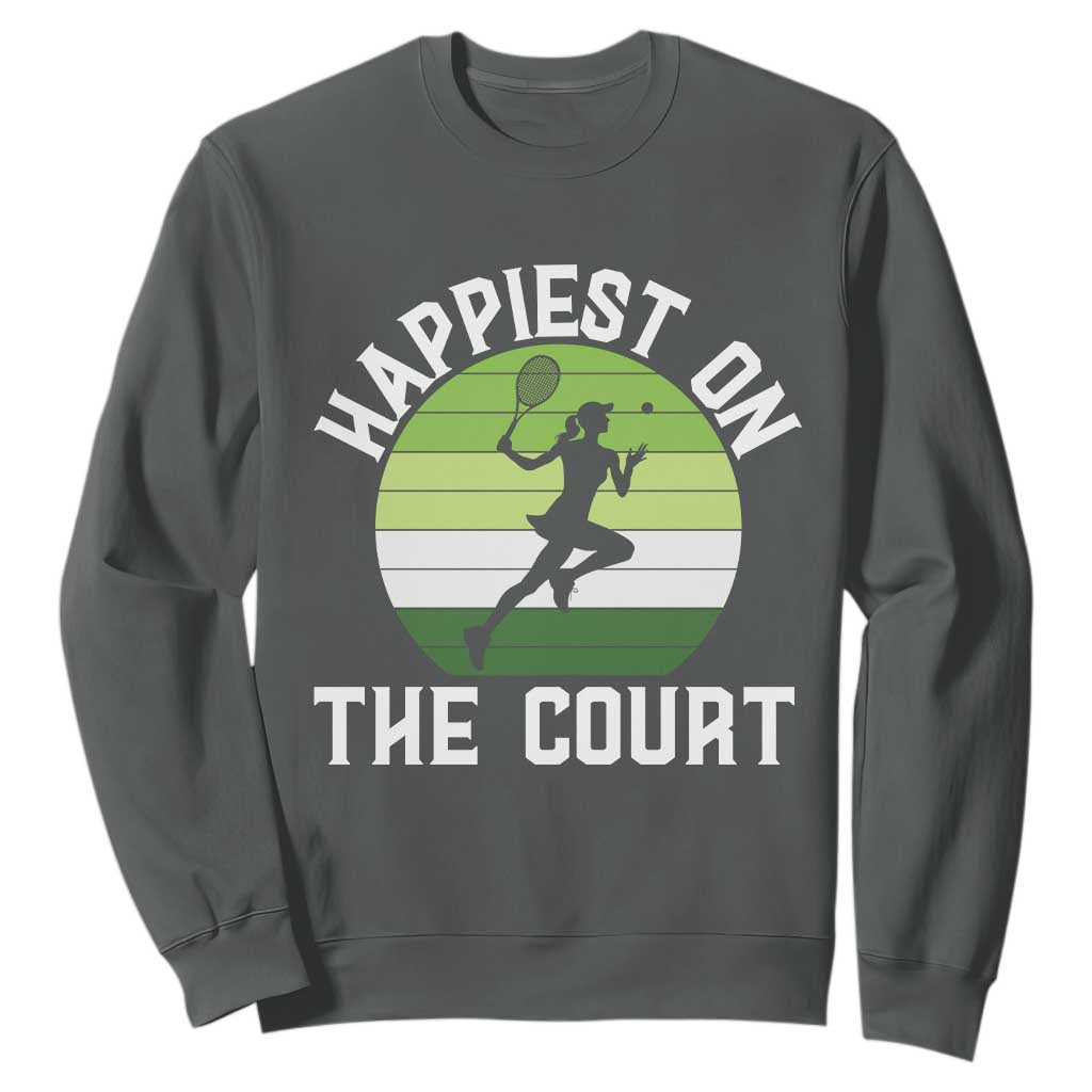 Happiest On The Court Sweatshirt Vintage Retro Tennis Girl Gift TS12 Dark Heather Print Your Wear