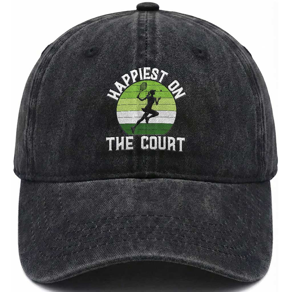 Happiest On The Court Washed Cotton Baseball Cap Vintage Retro Tennis Girl Gift TS12 Print Your Wear