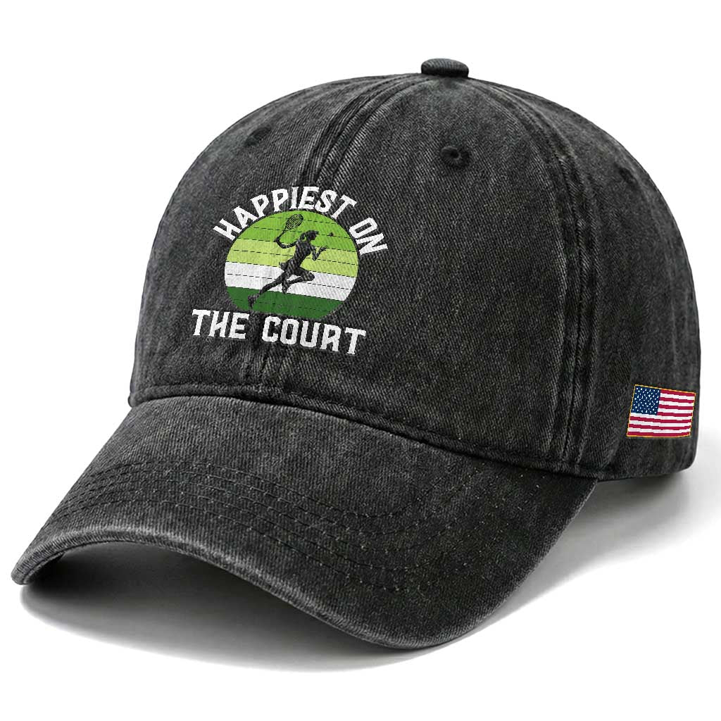 Happiest On The Court Washed Cotton Baseball Cap Vintage Retro Tennis Girl Gift TS12 Print Your Wear