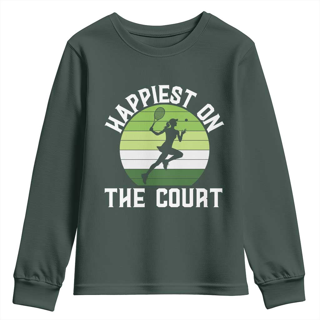 Happiest On The Court Youth Sweatshirt Vintage Retro Tennis Girl Gift TS12 Dark Forest Green Print Your Wear