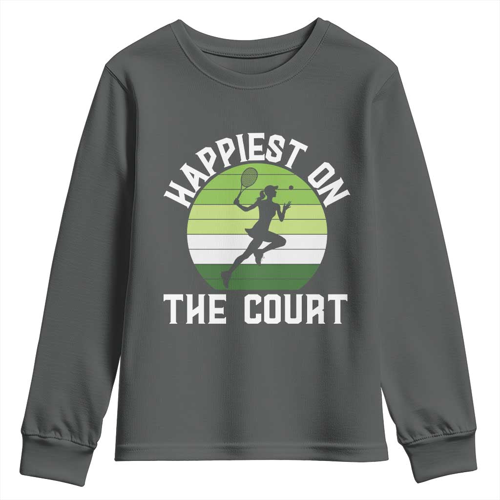 Happiest On The Court Youth Sweatshirt Vintage Retro Tennis Girl Gift TS12 Dark Heather Print Your Wear