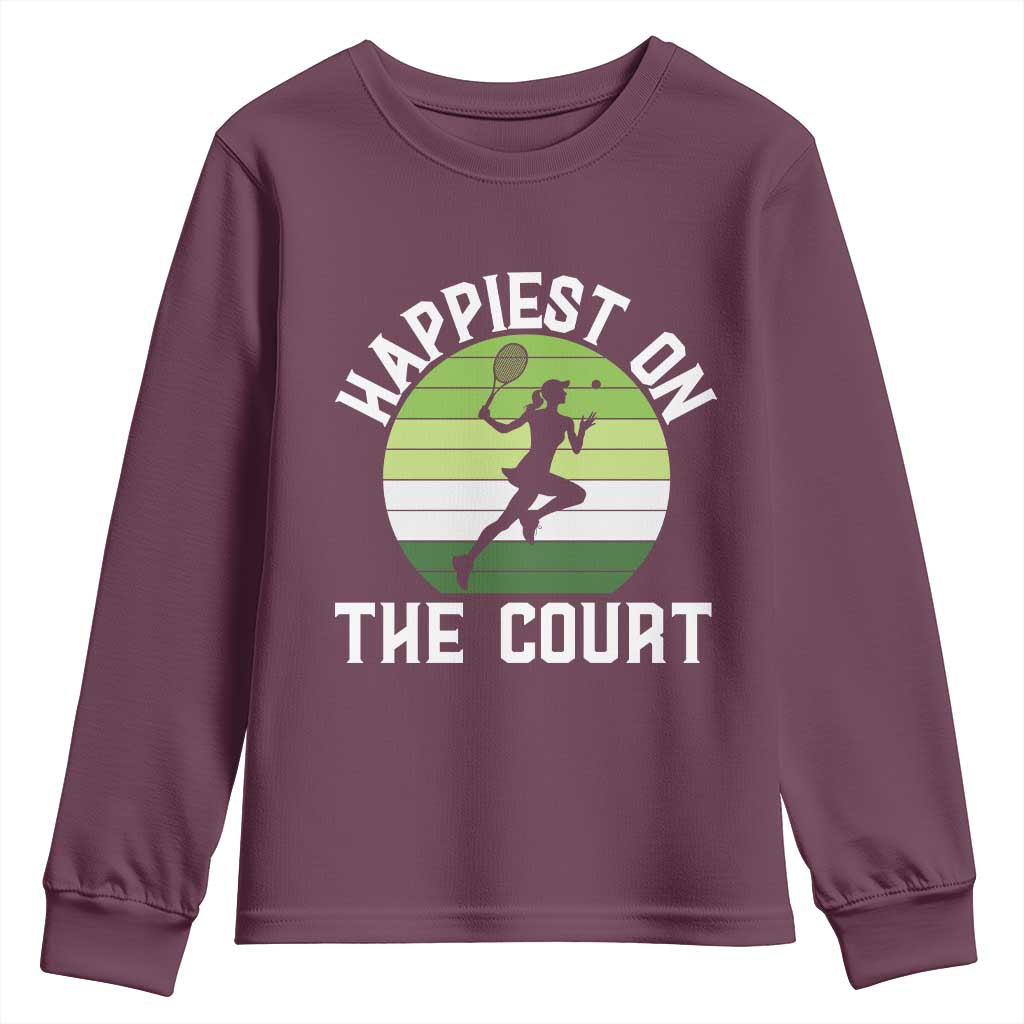 Happiest On The Court Youth Sweatshirt Vintage Retro Tennis Girl Gift TS12 Maroon Print Your Wear