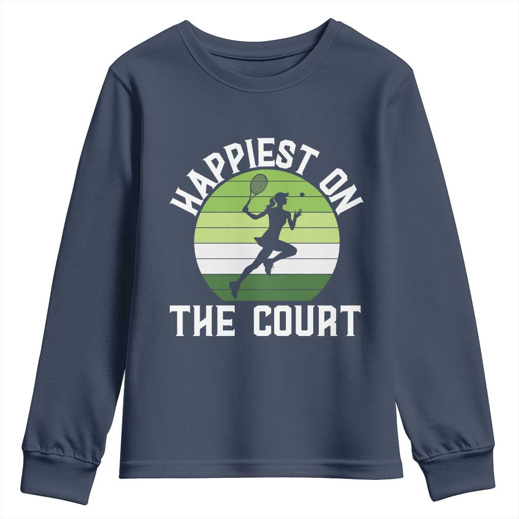 Happiest On The Court Youth Sweatshirt Vintage Retro Tennis Girl Gift TS12 Navy Print Your Wear