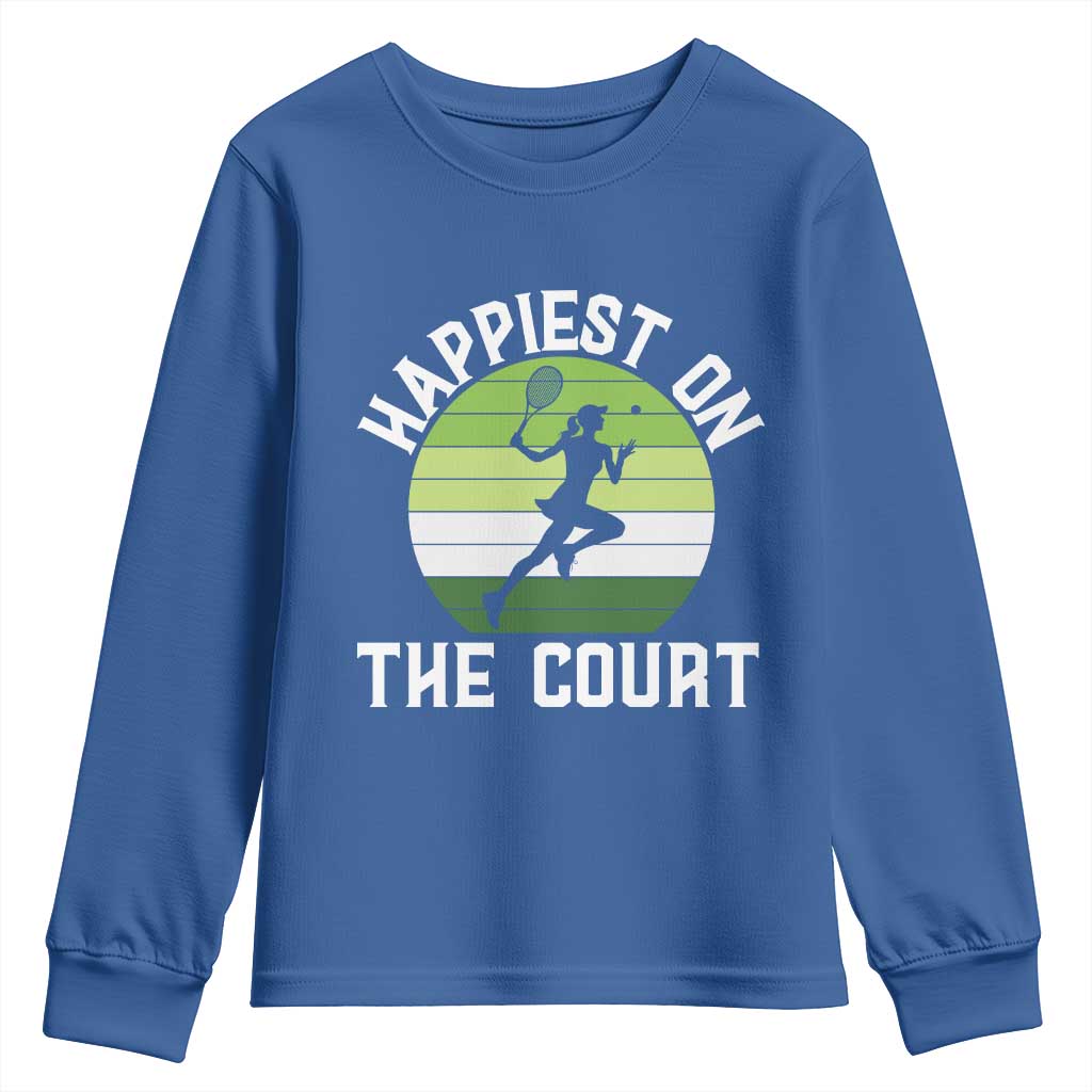 Happiest On The Court Youth Sweatshirt Vintage Retro Tennis Girl Gift TS12 Royal Blue Print Your Wear