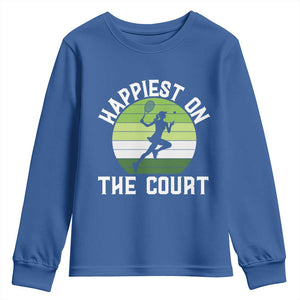 Happiest On The Court Youth Sweatshirt Vintage Retro Tennis Girl Gift TS12 Royal Blue Print Your Wear