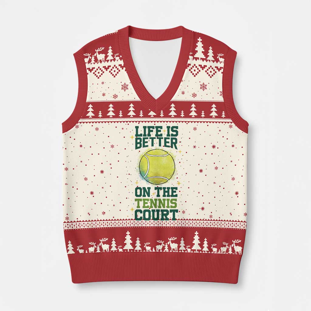Life Is Better On The Court V-Neck Knit Sweater Vest Tennis Lover Gift TS12 Beige Red Print Your Wear