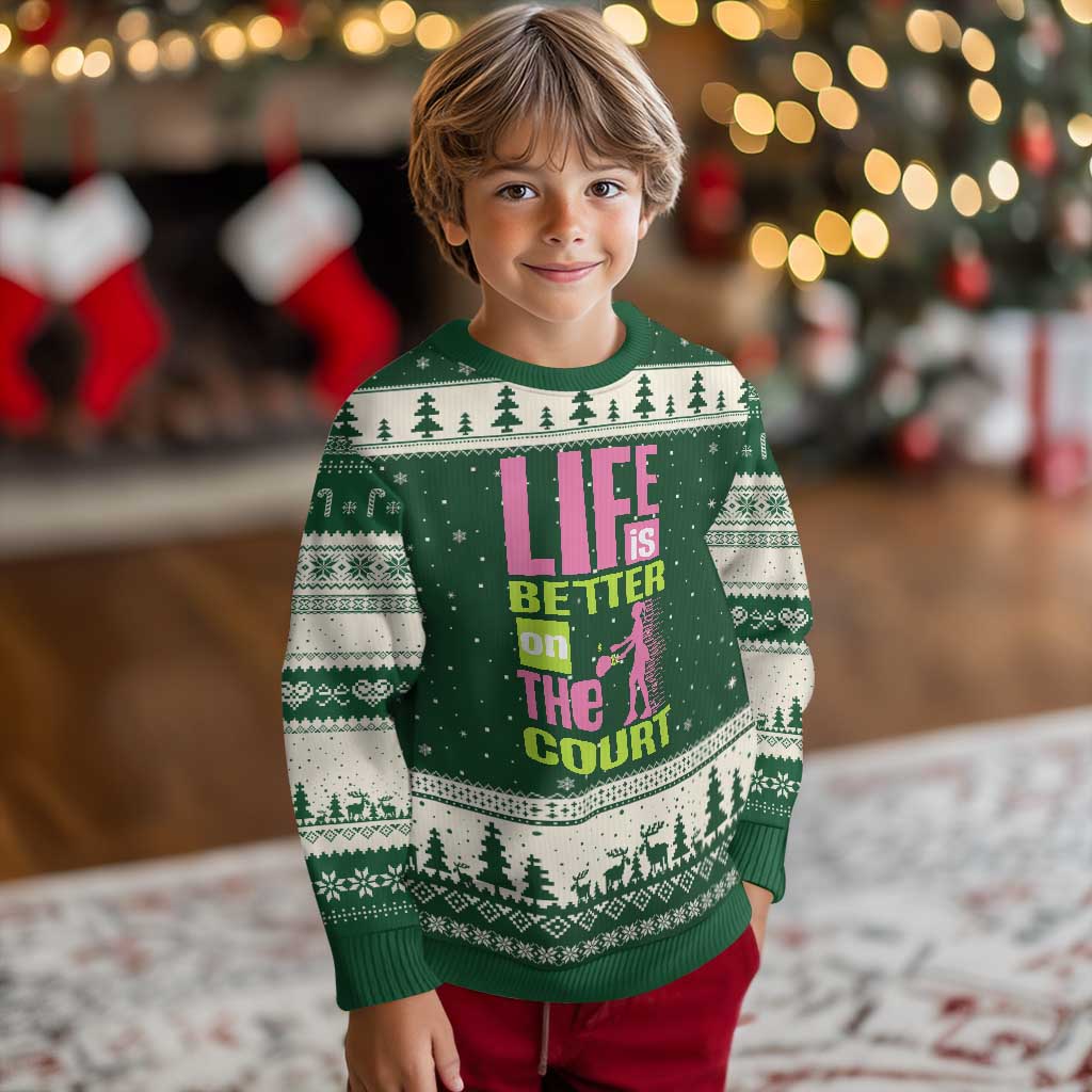 Life Is Better On The Court Ugly Christmas Sweater Gift For Tennis Fan TS12 Forest Green Beige Print Your Wear