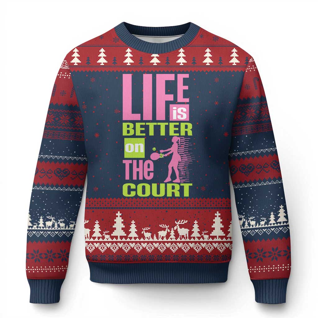 Life Is Better On The Court Ugly Christmas Sweater Gift For Tennis Fan TS12 Navy Red Print Your Wear