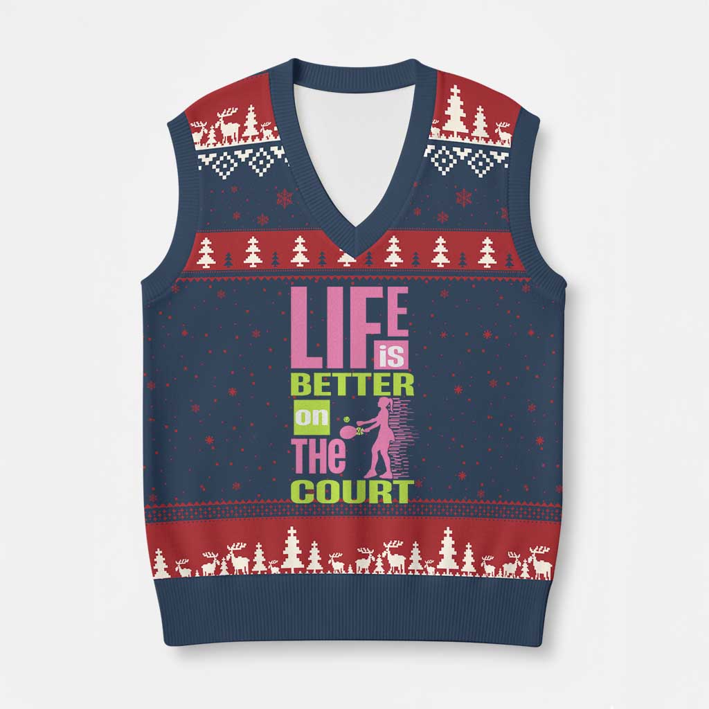 Life Is Better On The Court V-Neck Knit Sweater Vest Gift For Tennis Fan TS12 Navy Red Print Your Wear