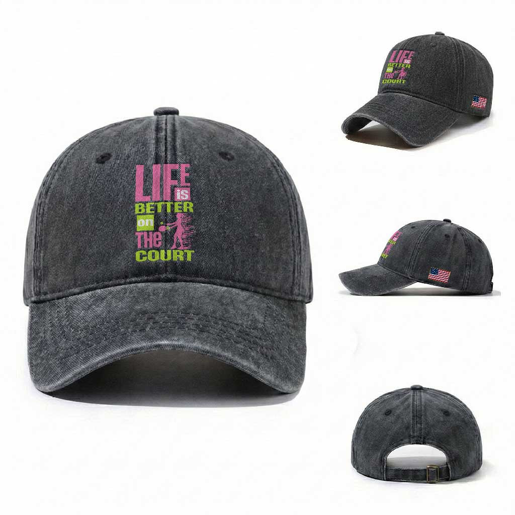 Life Is Better On The Court Washed Cotton Baseball Cap Gift For Tennis Fan TS12 Washed Cap Universal Fit Dark Gray Print Your Wear