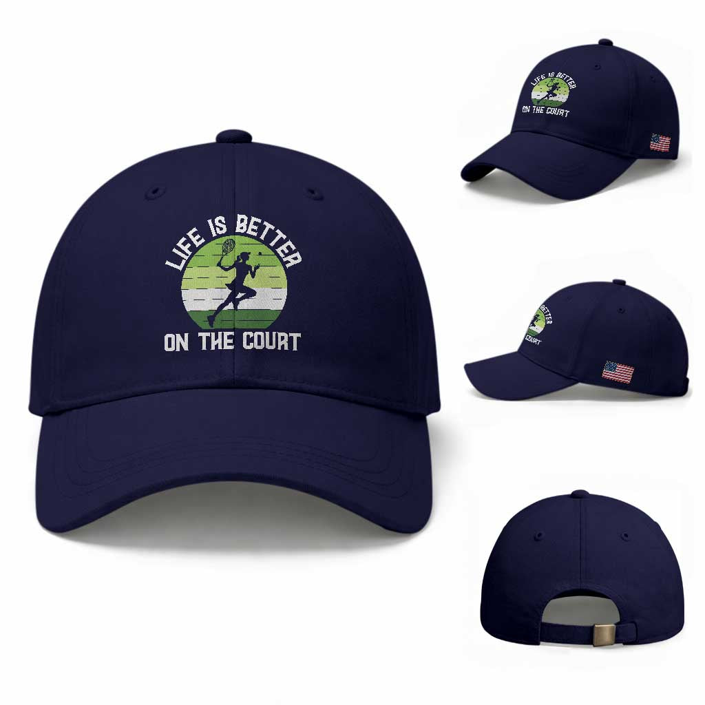 Life Is Better On The Court Baseball Cap Vintage Retro Tennis Girl Gift TS12 Baseball Cap Universal Fit Dark Blue Print Your Wear