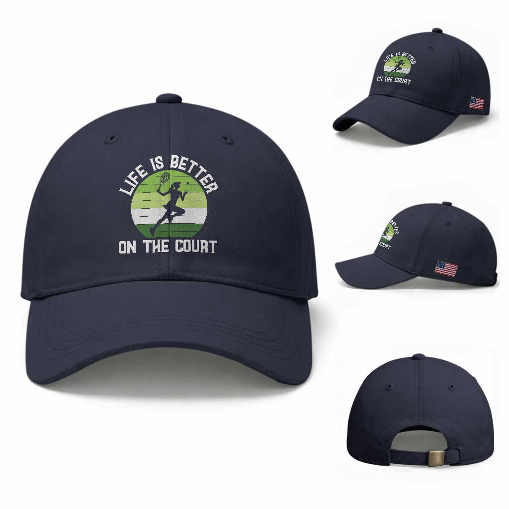 Life Is Better On The Court Baseball Cap Vintage Retro Tennis Girl Gift TS12 Baseball Cap Universal Fit Navy Print Your Wear