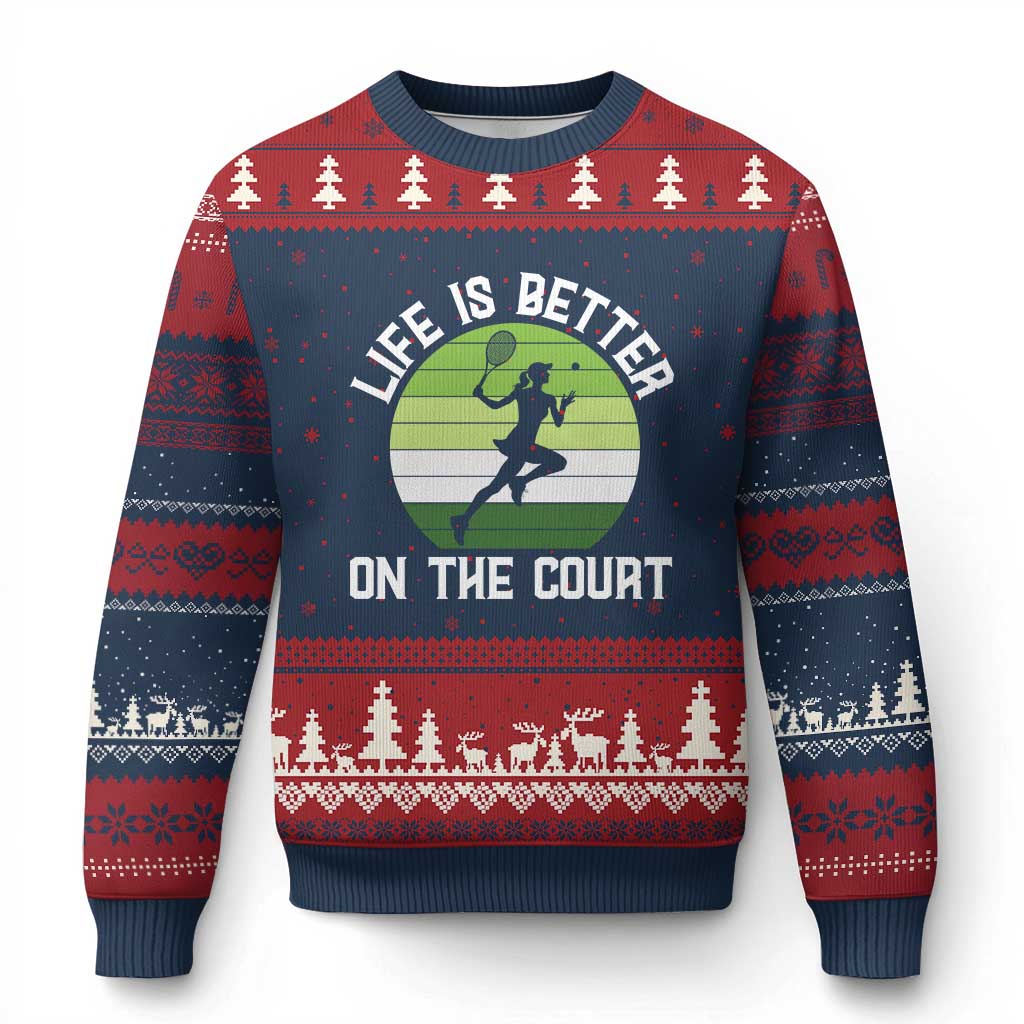 Life Is Better On The Court Ugly Christmas Sweater Vintage Retro Tennis Girl Gift TS12 Navy Red Print Your Wear