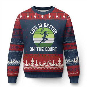 Life Is Better On The Court Ugly Christmas Sweater Vintage Retro Tennis Girl Gift TS12 Navy Red Print Your Wear