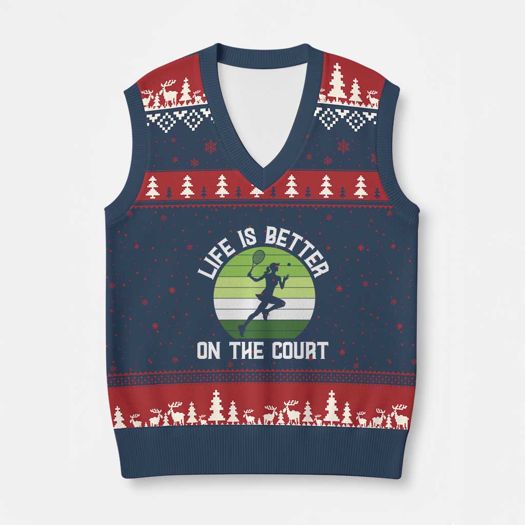 Life Is Better On The Court V-Neck Knit Sweater Vest Vintage Retro Tennis Girl Gift TS12 Navy Red Print Your Wear