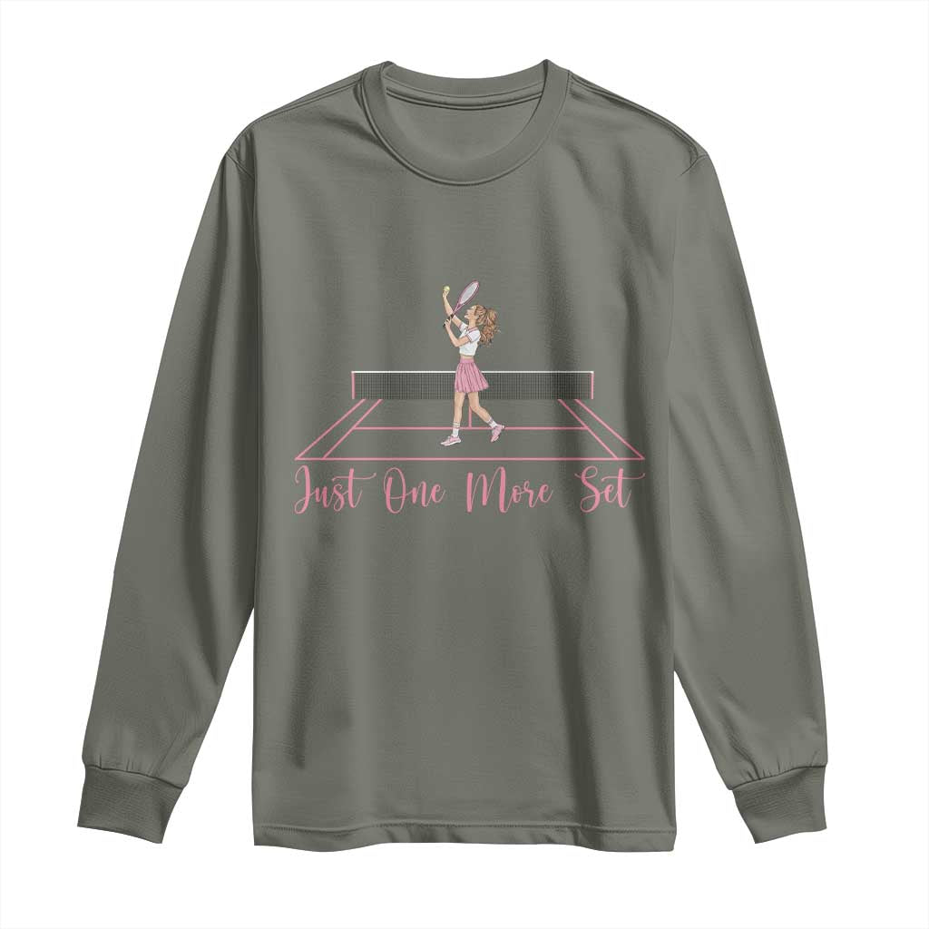 Just One More Set Long Sleeve Shirt Funny Tennis Player Gift For Women TS12 Military Green Print Your Wear