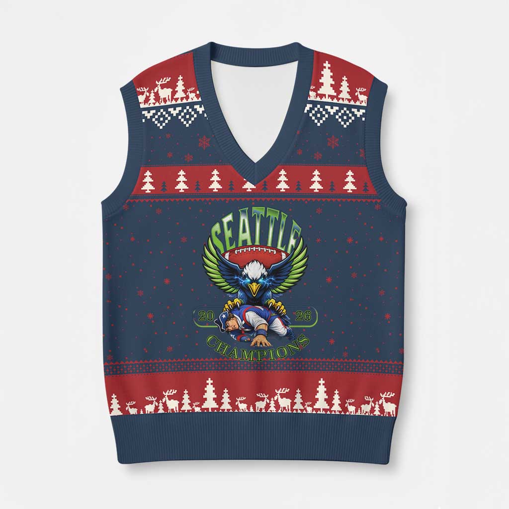 Funny Champion Seattle Dominates New England V-Neck Knit Sweater Vest 12s Fan Pride TS12 Navy Red Print Your Wear