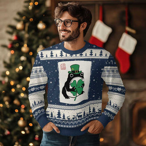 Vintage Japanese Grumpy Frog Ugly Christmas Sweater Lucky St Paddys Day TS12 Navy Beige Print Your Wear