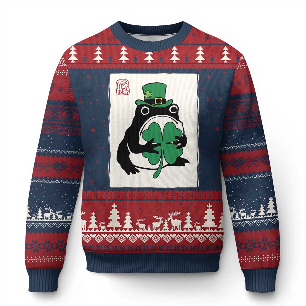 Vintage Japanese Grumpy Frog Ugly Christmas Sweater Lucky St Paddys Day TS12 Navy Red Print Your Wear