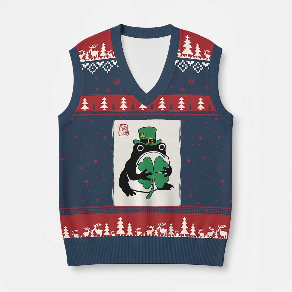 Vintage Japanese Grumpy Frog V-Neck Knit Sweater Vest Lucky St Paddys Day TS12 Navy Red Print Your Wear