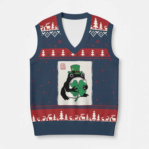Vintage Japanese Grumpy Frog V-Neck Knit Sweater Vest Lucky St Paddys Day TS12 Navy Red Print Your Wear