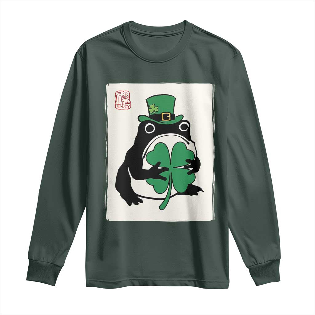 Vintage Japanese Grumpy Frog Long Sleeve Shirt Lucky St Paddys Day TS12 Dark Forest Green Print Your Wear