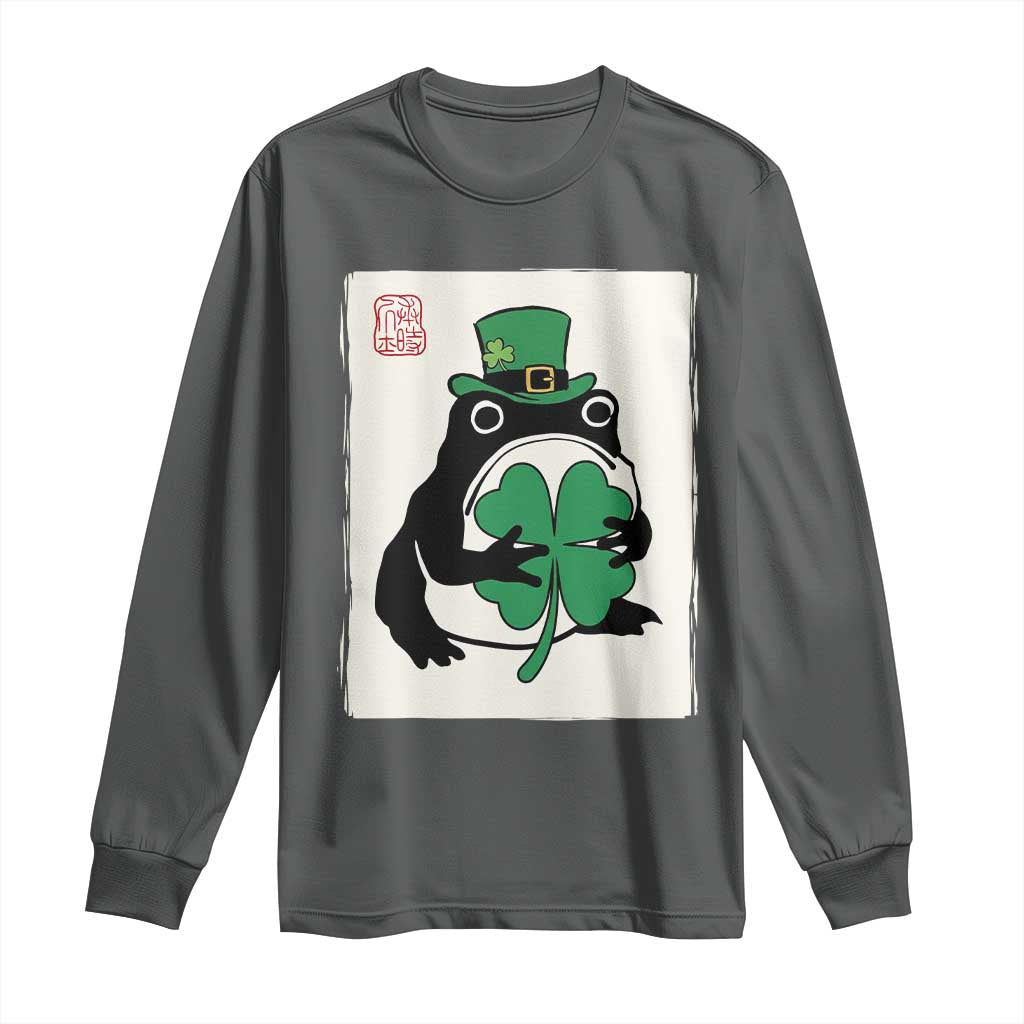 Vintage Japanese Grumpy Frog Long Sleeve Shirt Lucky St Paddys Day TS12 Dark Heather Print Your Wear