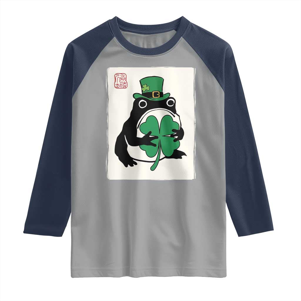 Vintage Japanese Grumpy Frog Raglan Shirt Lucky St Paddys Day TS12 Sport Gray Navy Print Your Wear