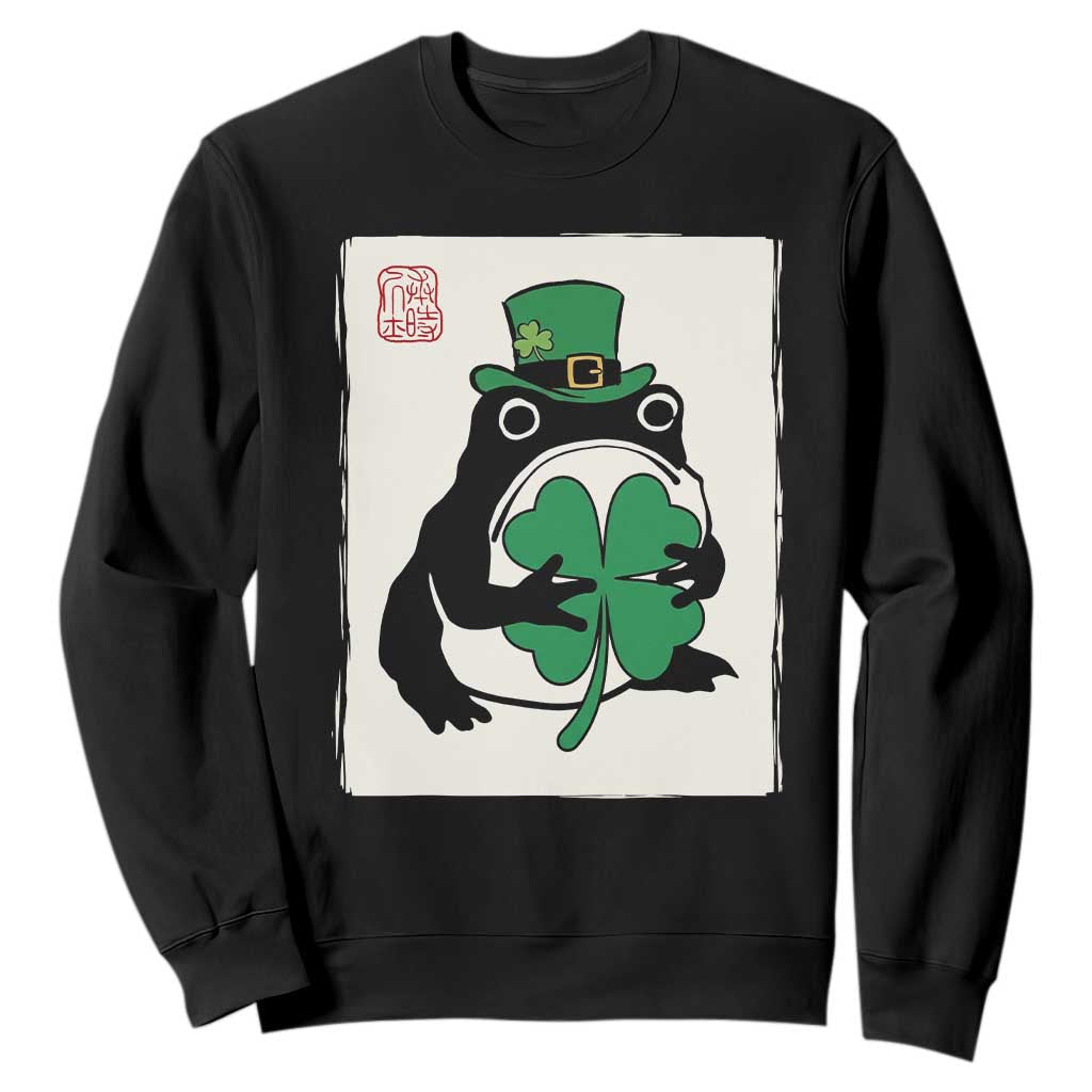 Vintage Japanese Grumpy Frog Sweatshirt Lucky St Paddys Day TS12 Black Print Your Wear