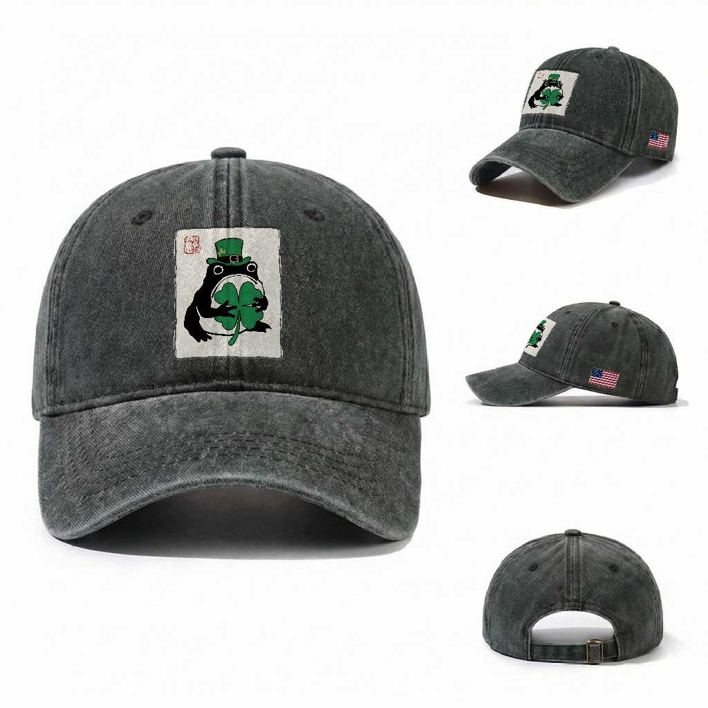 Vintage Japanese Grumpy Frog Washed Cotton Baseball Cap Lucky St Paddys Day TS12 Washed Cap Universal Fit Dark Green Print Your Wear