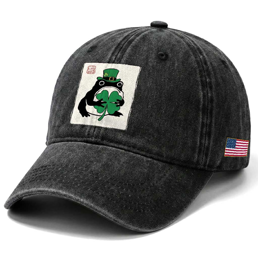 Vintage Japanese Grumpy Frog Washed Cotton Baseball Cap Lucky St Paddys Day TS12 Print Your Wear