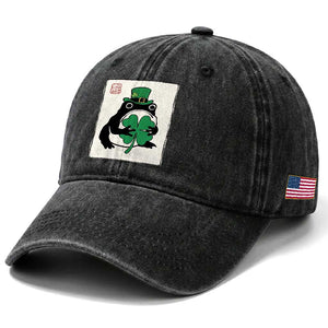 Vintage Japanese Grumpy Frog Washed Cotton Baseball Cap Lucky St Paddys Day TS12 Print Your Wear